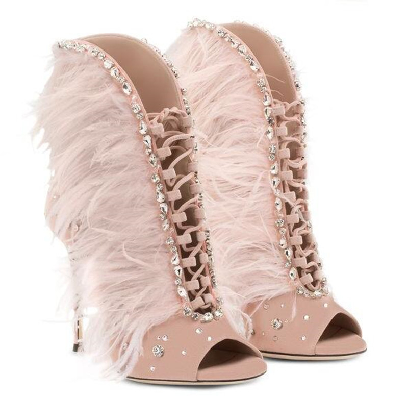 Women Fashion Show - Bling Crystal Fur Peep Toe Ankle