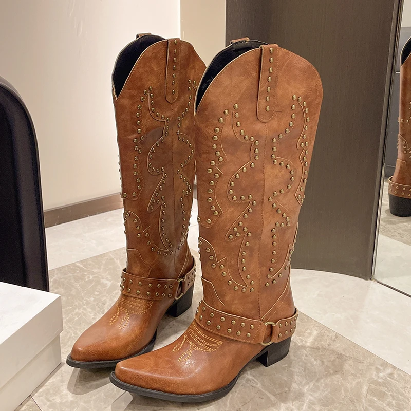 Women'S Fashion Knee High Boots - Autumn Winter Belt Buckle Rivet Women