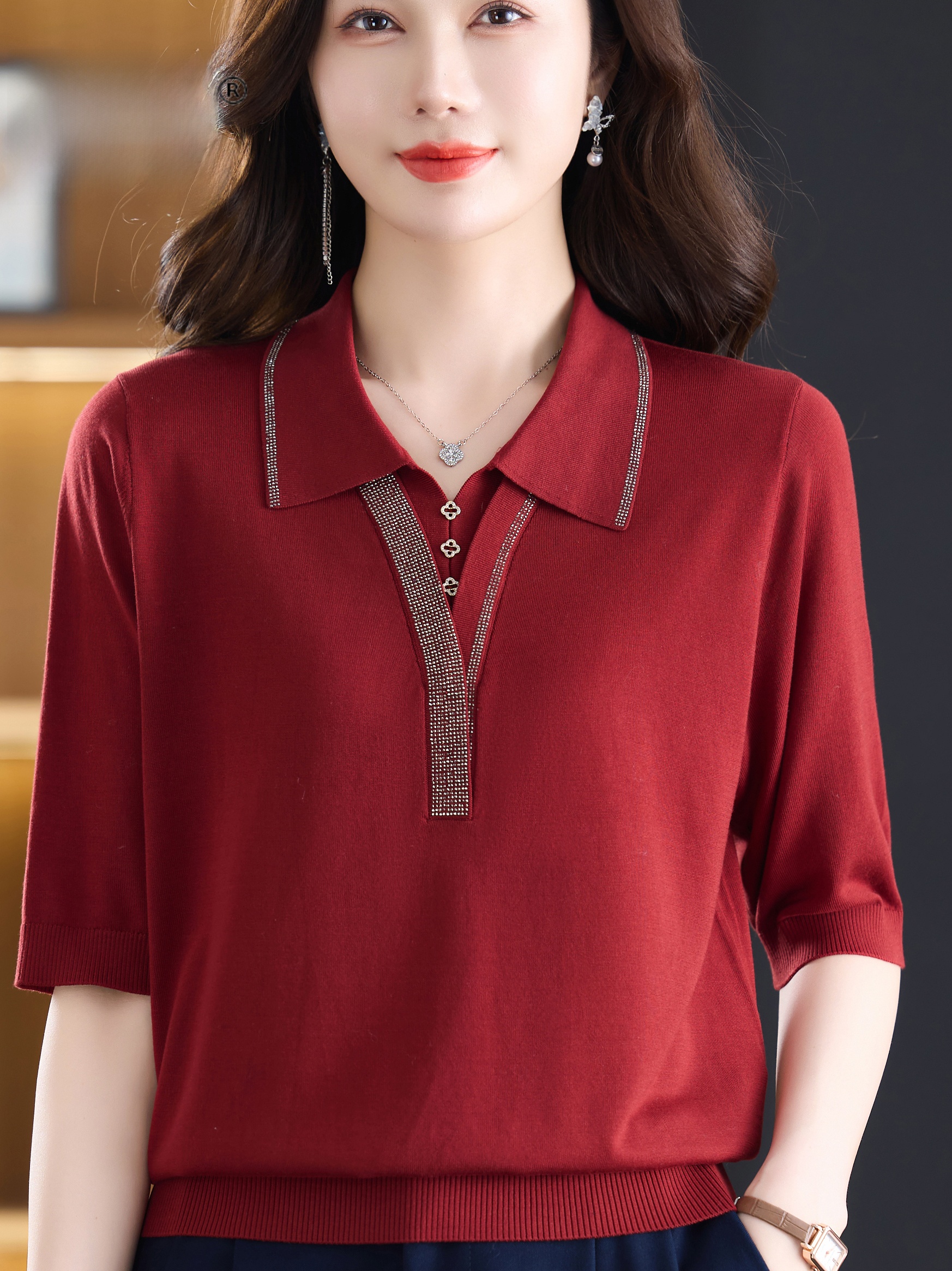 Women Fashion Over 60 - Fashionable V-Neck Short Sleeve Knitted Ice
