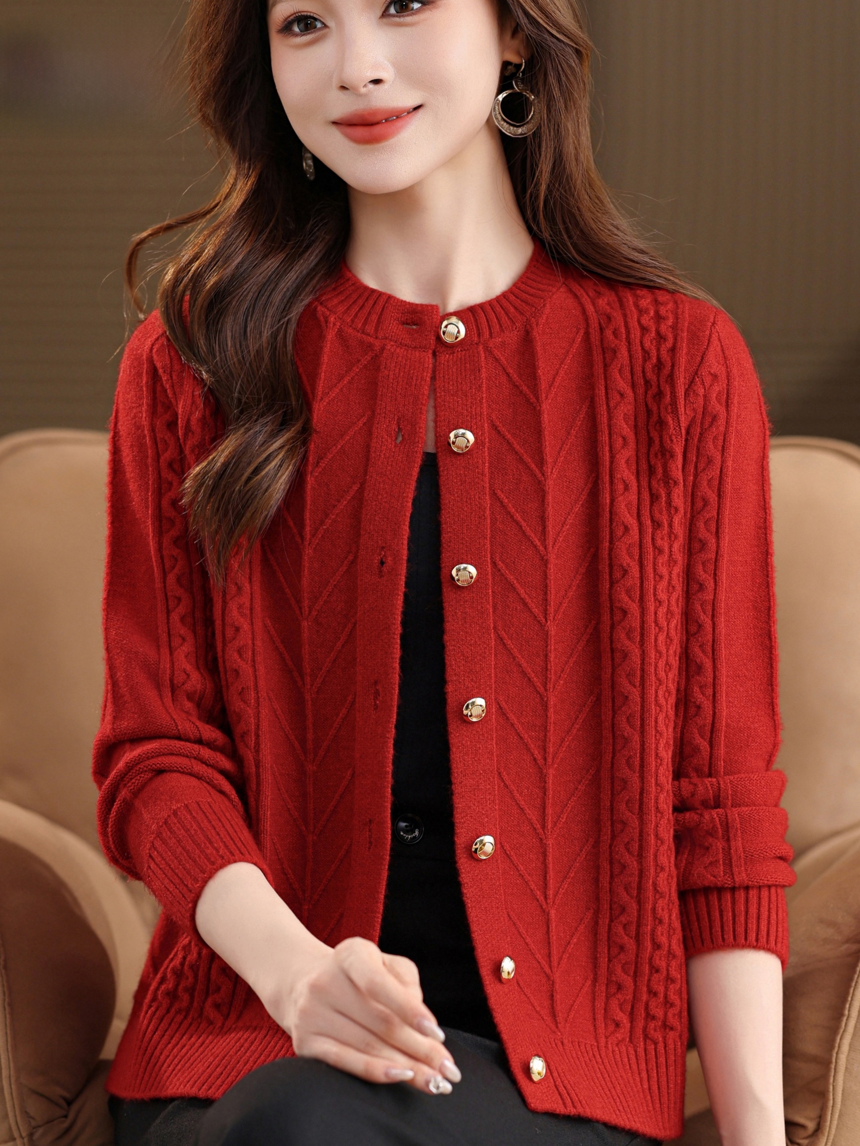 Women Fashion Over 60 - Thickened Knitted round Neck Open Cardigan