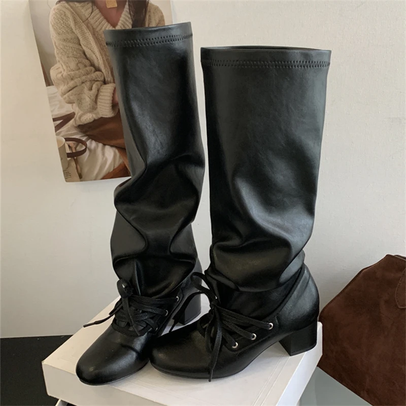 Women'S Fashion Knee High Boots - Eilyken New Fashion Lace-up Pleated Knee-High
