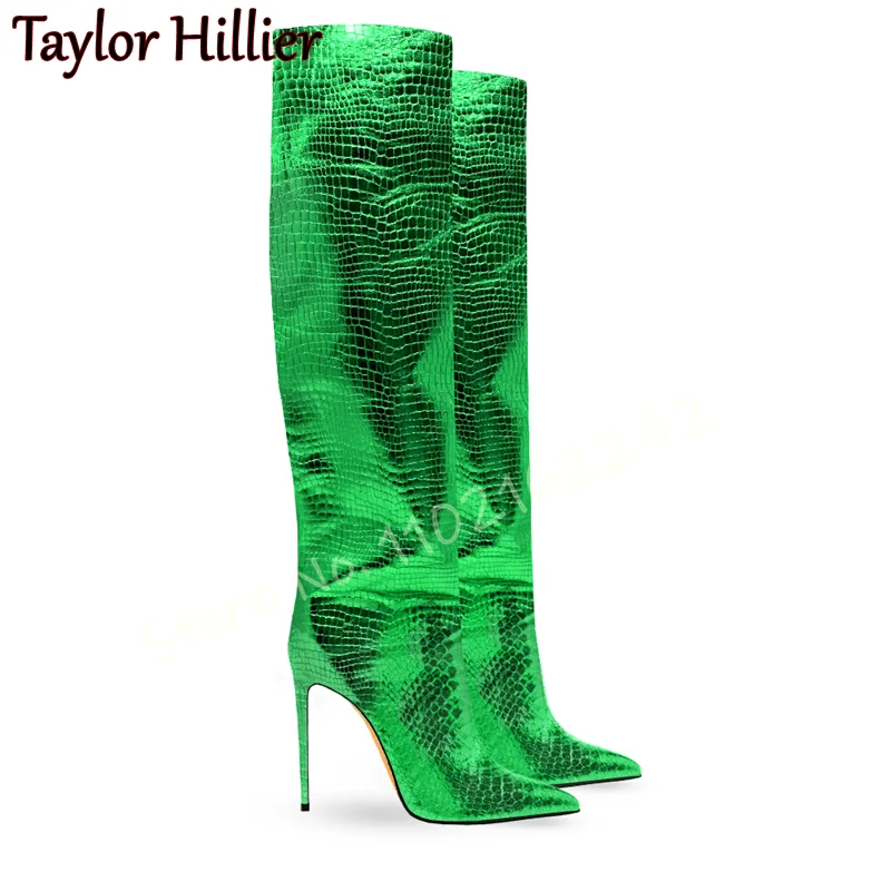 Women'S Fashion Knee High Boots - Green Snake Print Straight Boots Women'S