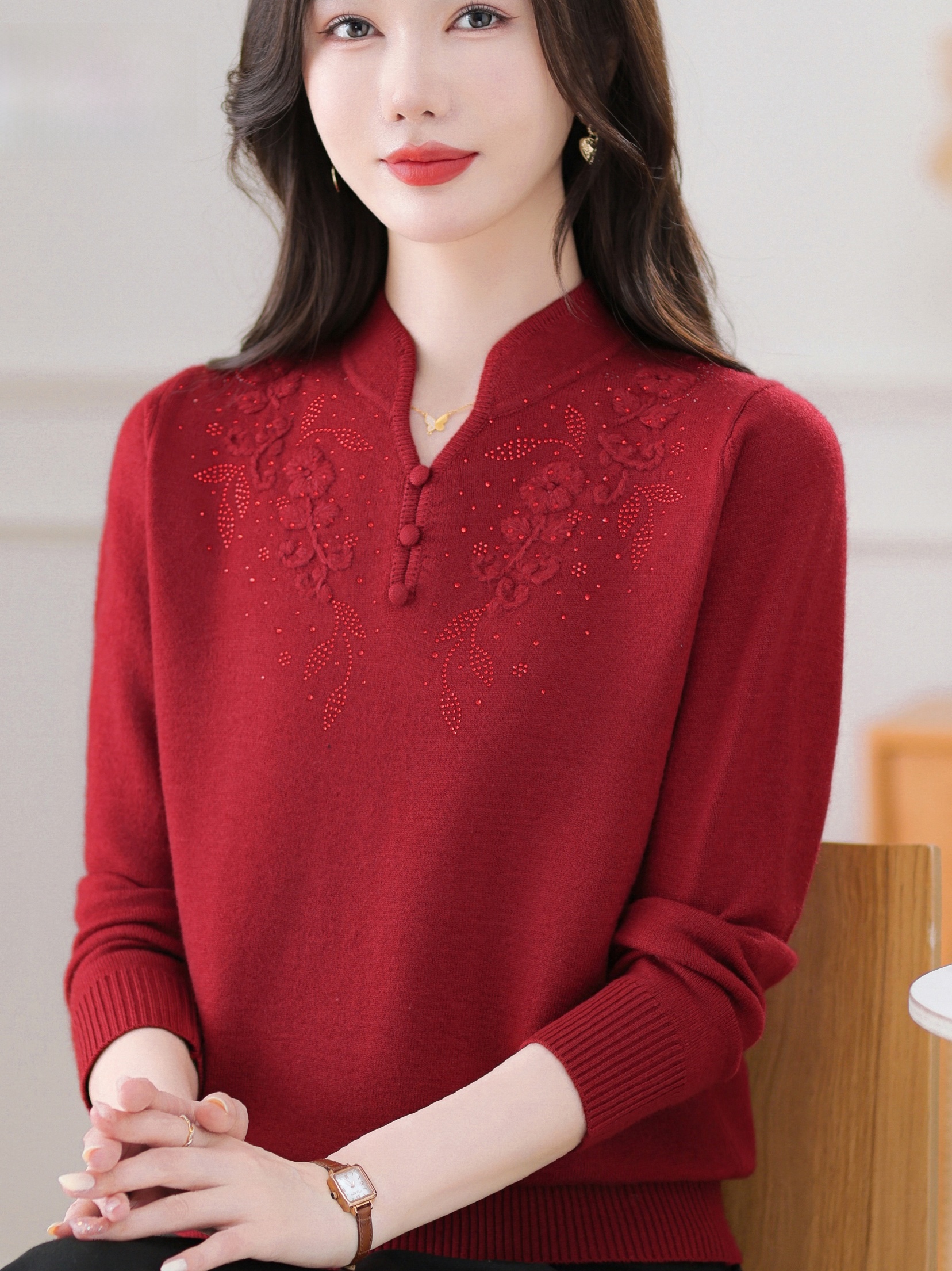Warmth Embroidered Knitted Woo - Women Fashion Over 60 บทวิจารณ์และราคา