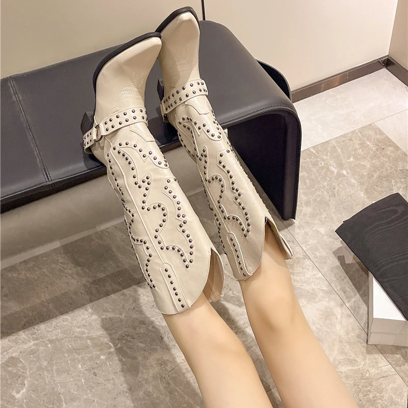Autumn Winter Belt Buckle Rive - Women'S Fashion Knee High Boots บทวิจารณ์และราคา