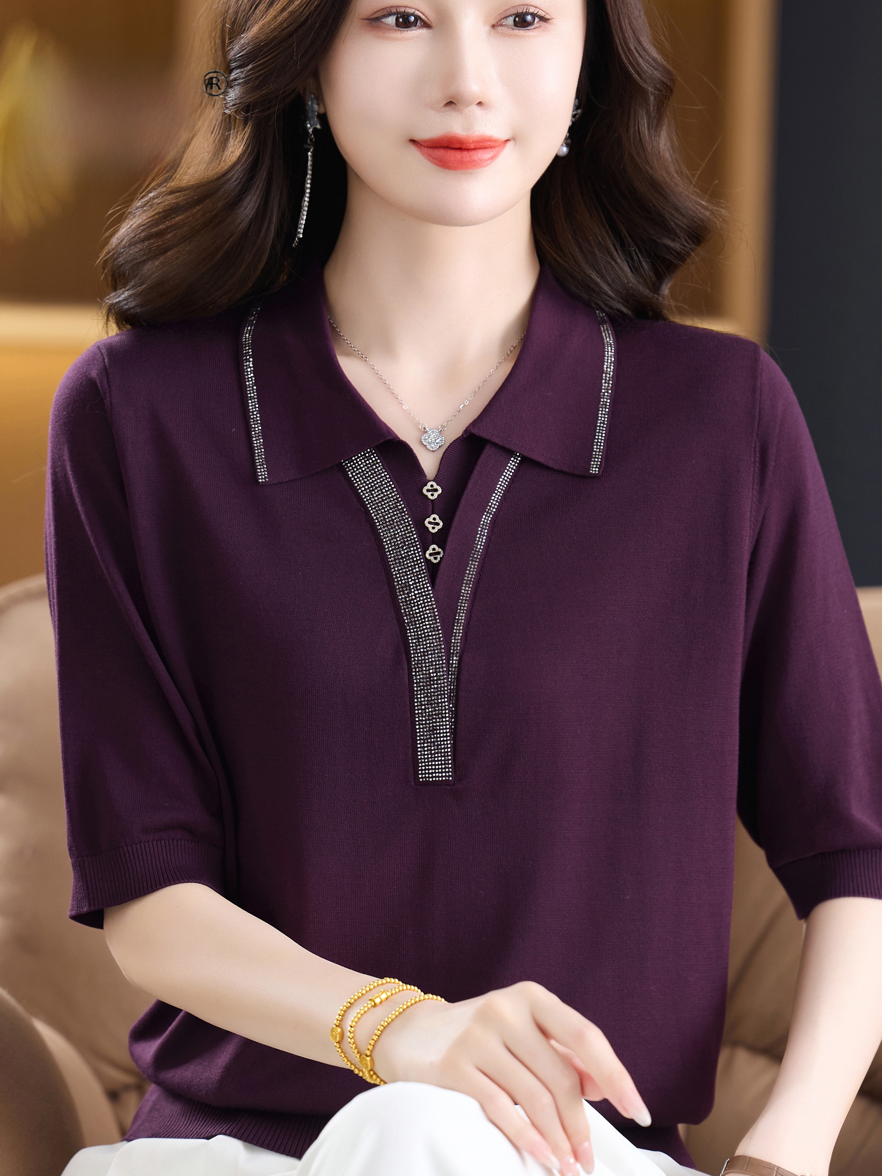 Fashionable V-Neck Short Sleev - Women Fashion Over 60 บทวิจารณ์และราคา